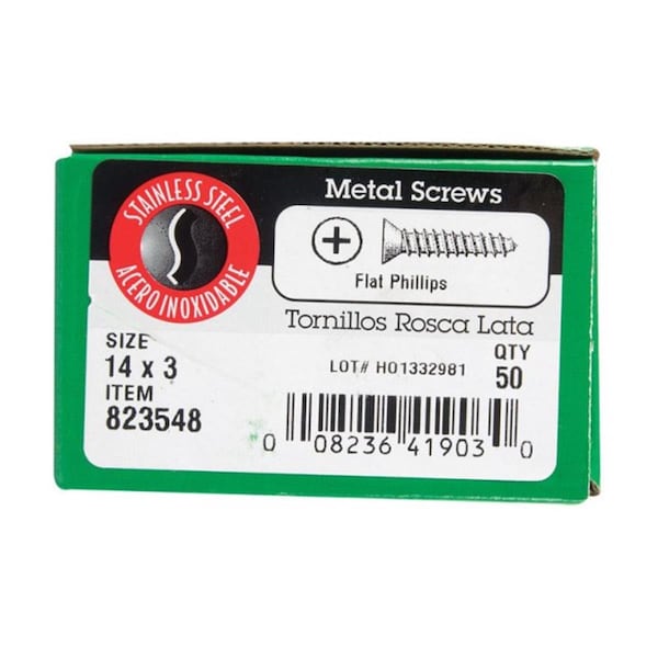Hillman Sheet Metal Screw, #14 x 3 in, Stainless Steel Flat Head 50 PK 5015029 - main